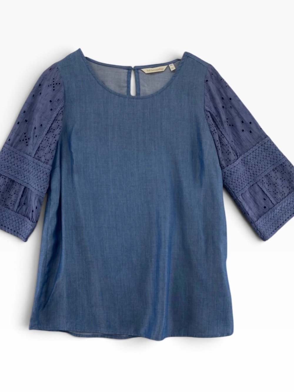 Soft Surroundings Tencel Blue Chambray Eyelet Sleeve Women's Tunic Top Sz L